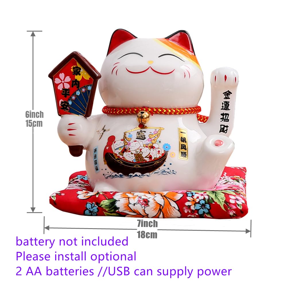 XIYUAN 7 Inch Waving Cat - Ceramic Japanese Lucky Cat, Feng Shui Decorative Desktop Ornament for Home or Office