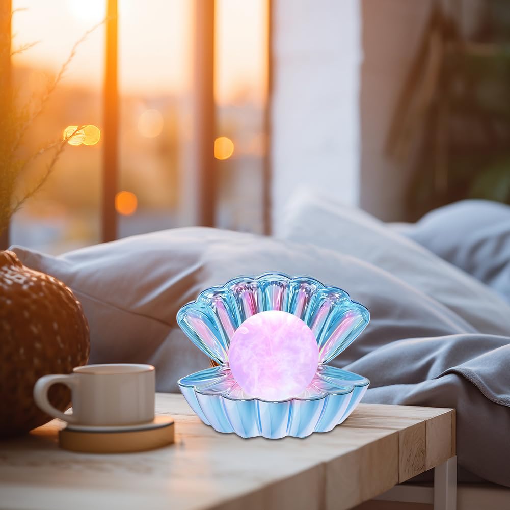 LKUA Shell Pearl Beach Themed Night Light, RGB 8 Colors Changing Mood Shell Pearl Lamps, Bedside LED Clamshell Portable Night Lights for Bar (Electroplating Blue)
