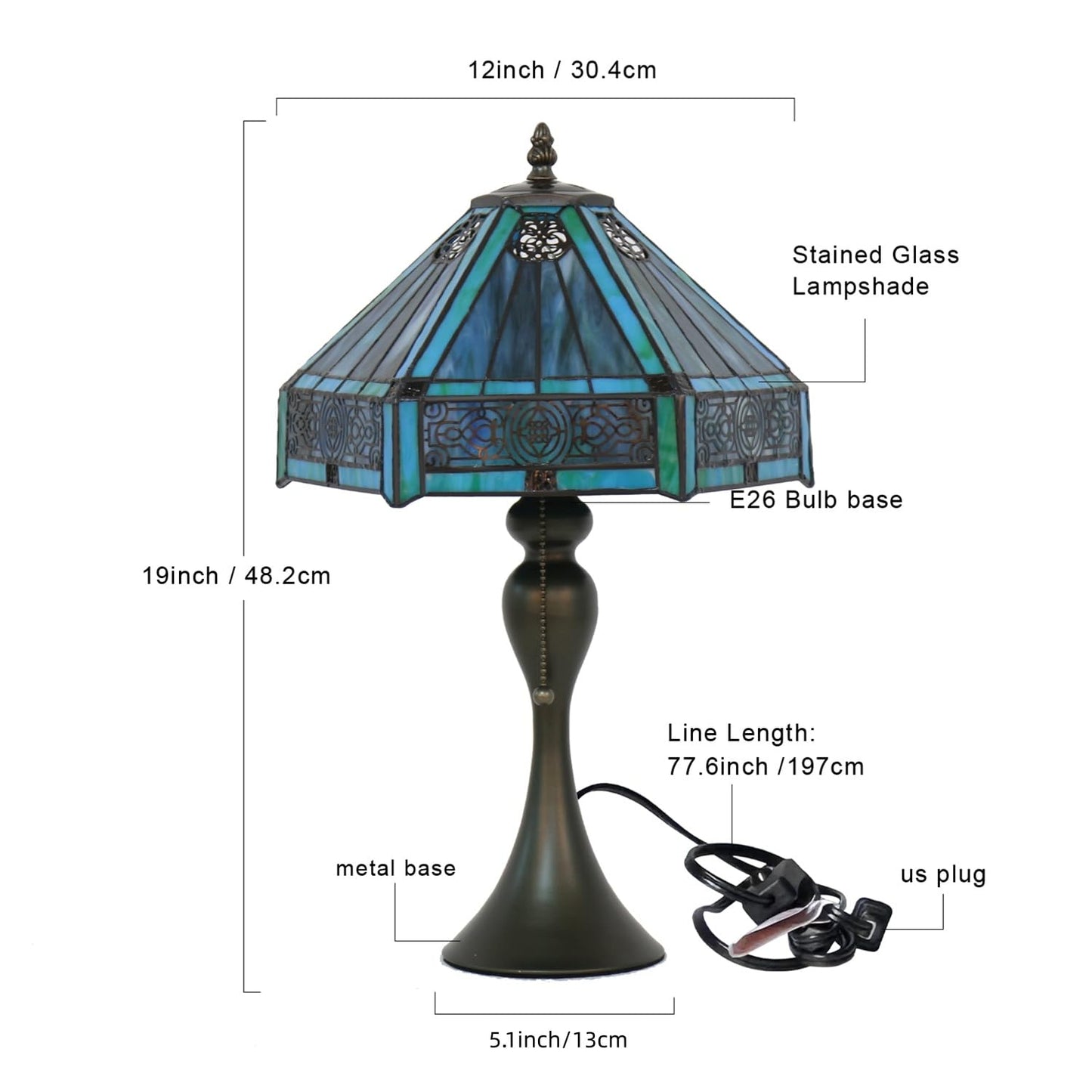 TFNALNB Tiffany Style Table Lamp, Stained Glass Lamp, 12x12x19 Inch, Vintage Metal Base Desk Light,（Green）