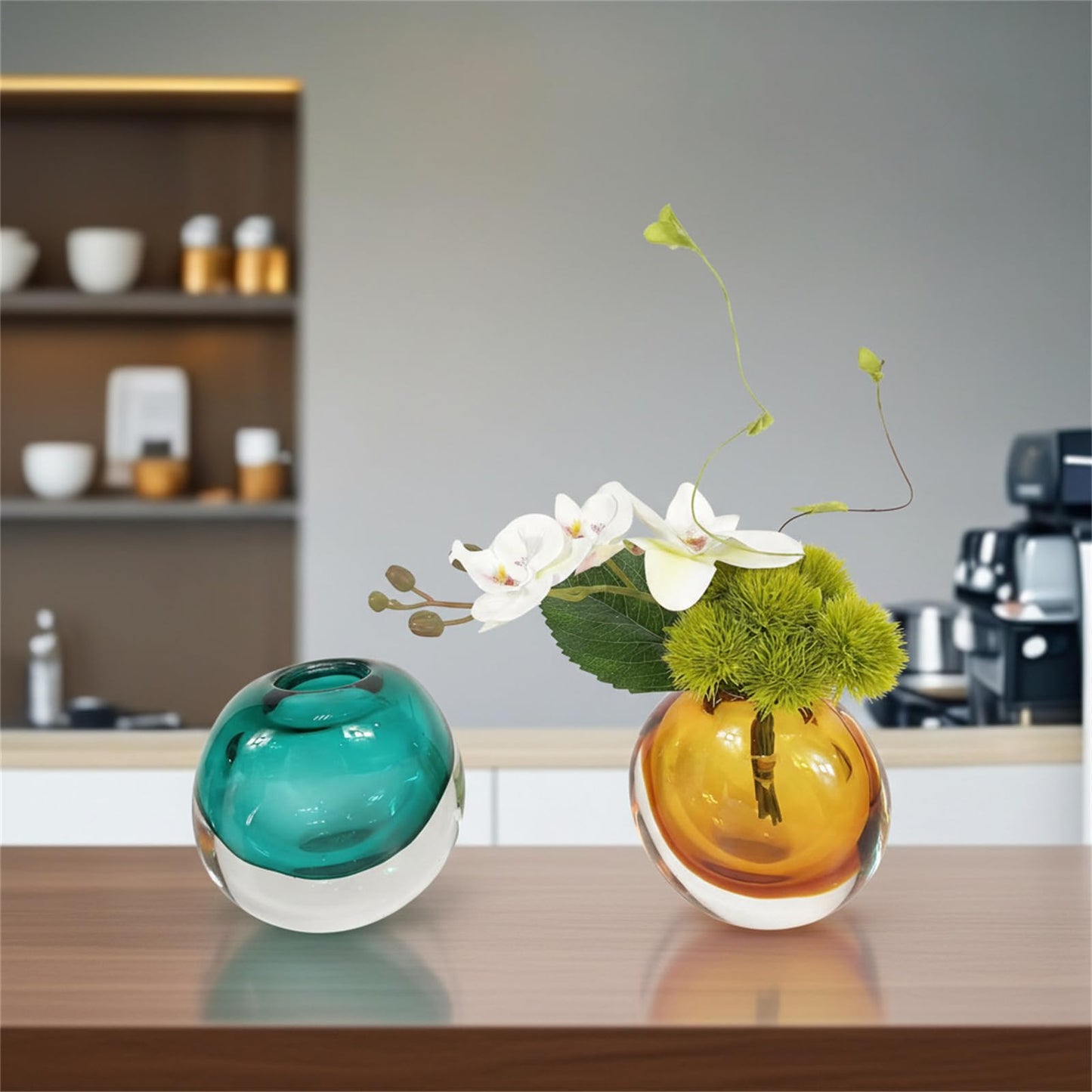 Modern Glass Vase | Tall Crystal Vase for Centerpieces | Light Blue Hydroponic Glass Vase | Unique Floral Decor | Handblown Decorative Vase for Flowers Amber