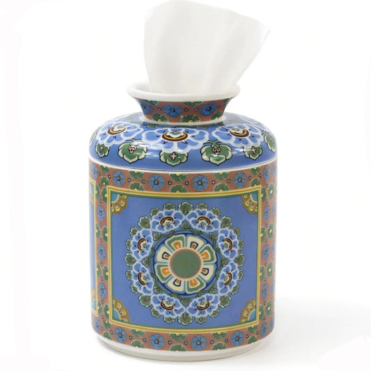 Round Porcelain Facial Tissue Box Cover, Decorative Vintage Ceramic Tissue Holder for Bathroom Vanity Countertops Living Room, Bedroom or Office,Home Decor,Dressers, Night Stand - 6.7" Blue Pattern
