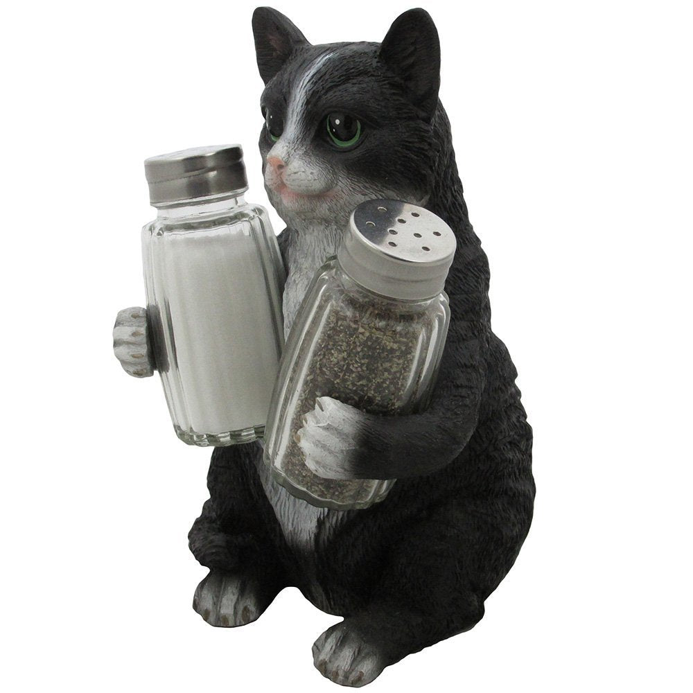 Decorative Black & White Kitty Cat Glass Salt and Pepper Shaker Set with Holder Figurine in Kitten Statues & Sculptures and Pet Kitchen Table Decor Gifts for Cat Lovers