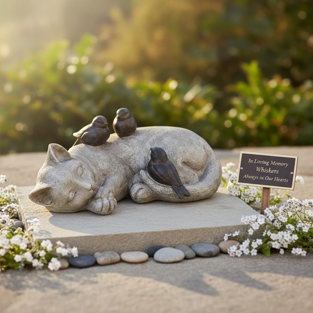 Comfy Hour 4.7" Sleeping Cat with Sparrows Garden Statue, Stone Look Cat Memorial Accent for Outdoor Indoor, Unique Cat Lover Present for Women, Sympathy Pet Remembrance Figurine, 1 Unit
