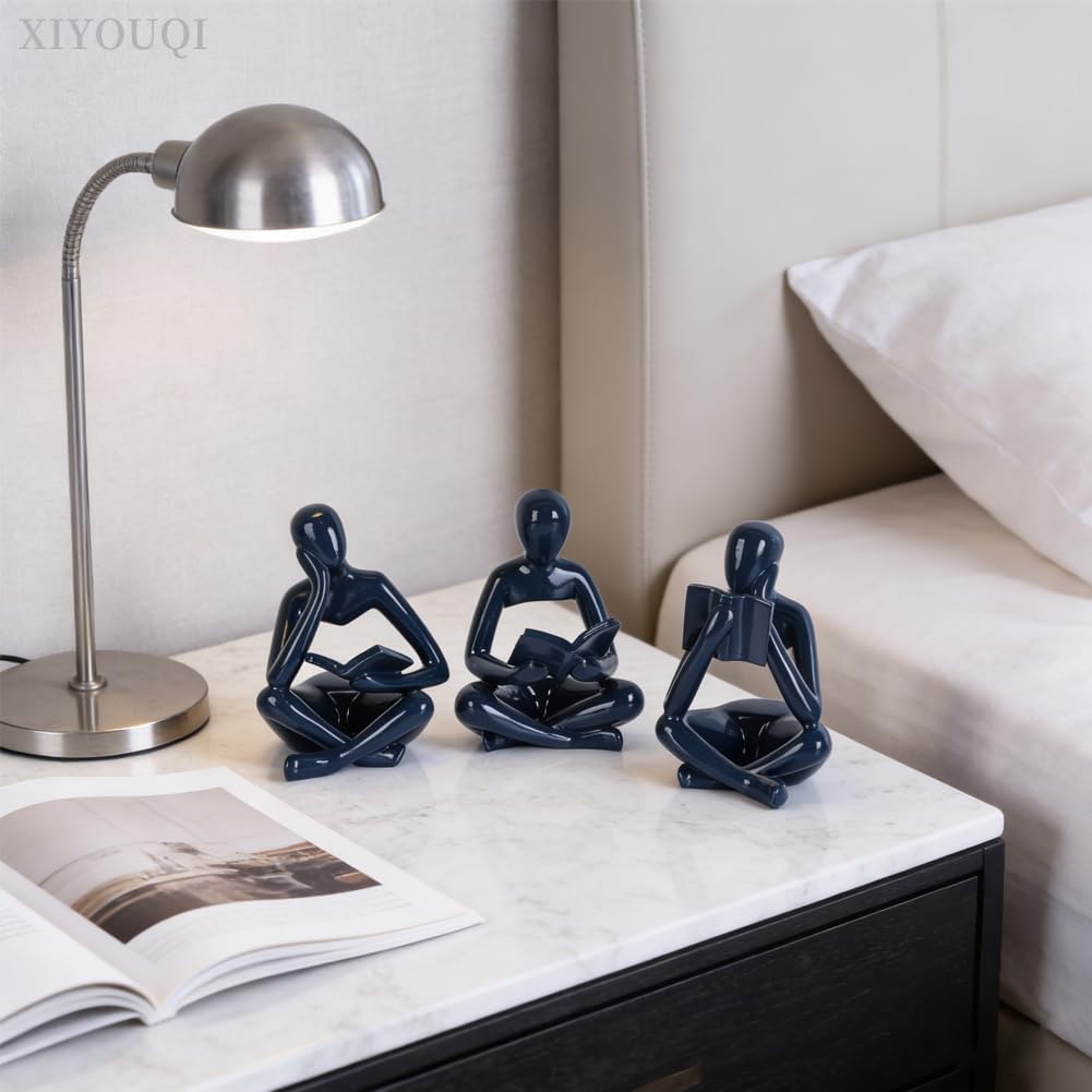 Navy Blue Thinker Statue Set of 3, Glossy Resin Reading Statue Figurines for Coffee Table, Abstract Sculptures Home Decor for Shelf, Desk, TV Console, Modern Blue Room Accents for Living Room Office