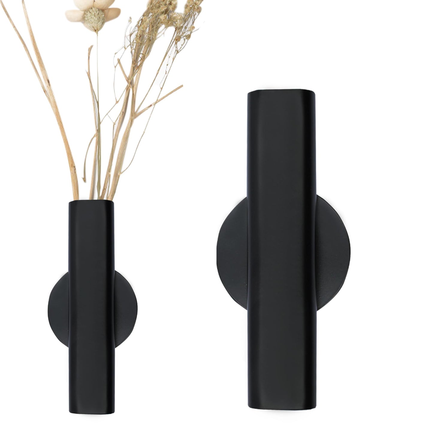 AUXBC 7" Wall-Mounted Flower Tube, Top/Bottom Open Vase, Wall Metal Flower Tube Decoration Holder for Flower Display, Home Office Living Room Bedroom Decoration with Adhesive Material, 2pcs(Black)