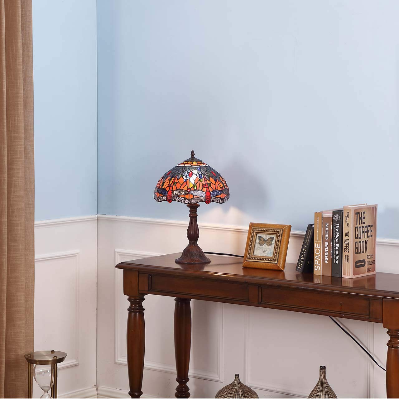 Bieye L10689 Dragonfly Tiffany Style Stained Glass Table Lamp with 12 Inch Wide 6 Dragonflies on Lampshade and Metal Base, Orange Blue, 12"W x 18"H