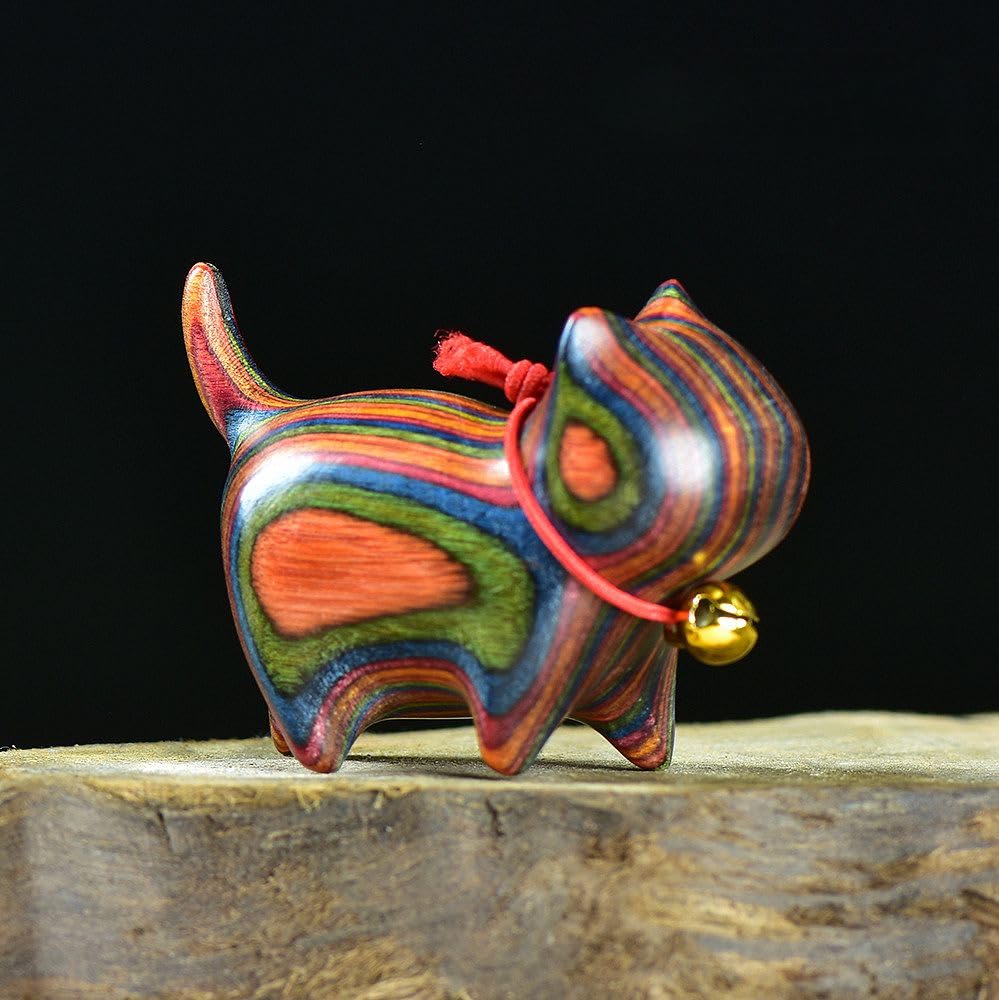 HLbshi Handmade Rainbow Wooden cat Figurine Wood Animal Statue Desk Home Decor 1.5'' (Eyeless)