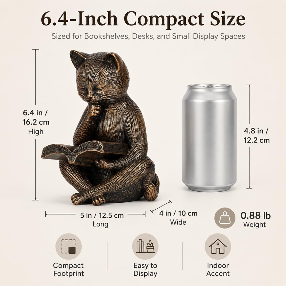 UANYEMON Reading Cat Figurine, 6.4-Inch Bronze-Finish Resin Cat Statue