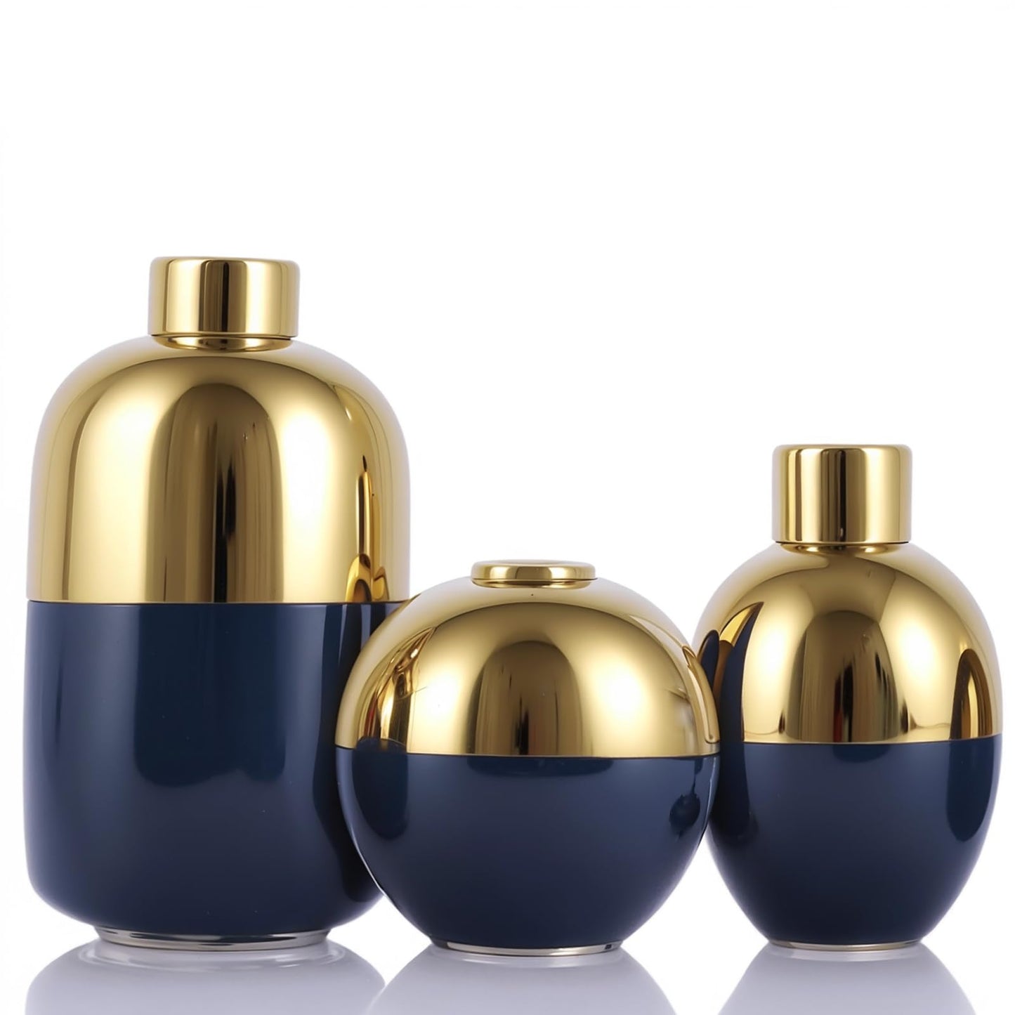 Blue & Gold Ceramic Vase Set of 3, Modern Round Circle Electroplated Two-Tone Decorative Vases for Pampas Grass, Dining Table Wedding Centerpiece, Living Room Bedroom Office Bookshelf