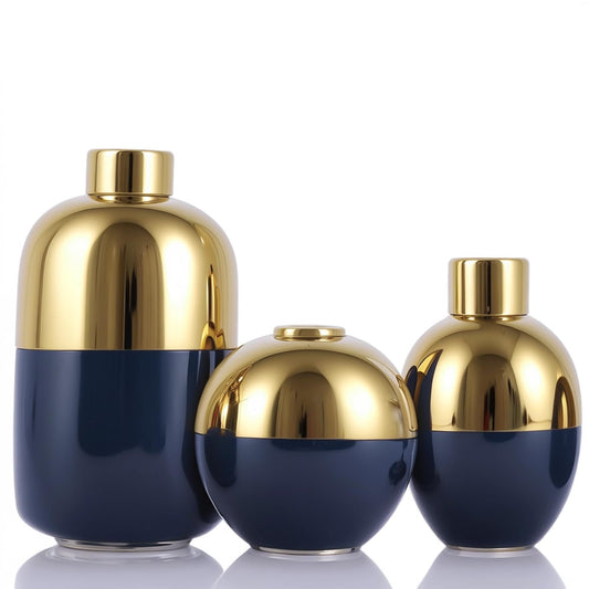 Blue & Gold Ceramic Vase Set of 3, Modern Round Circle Electroplated Two-Tone Decorative Vases for Pampas Grass, Dining Table Wedding Centerpiece, Living Room Bedroom Office Bookshelf
