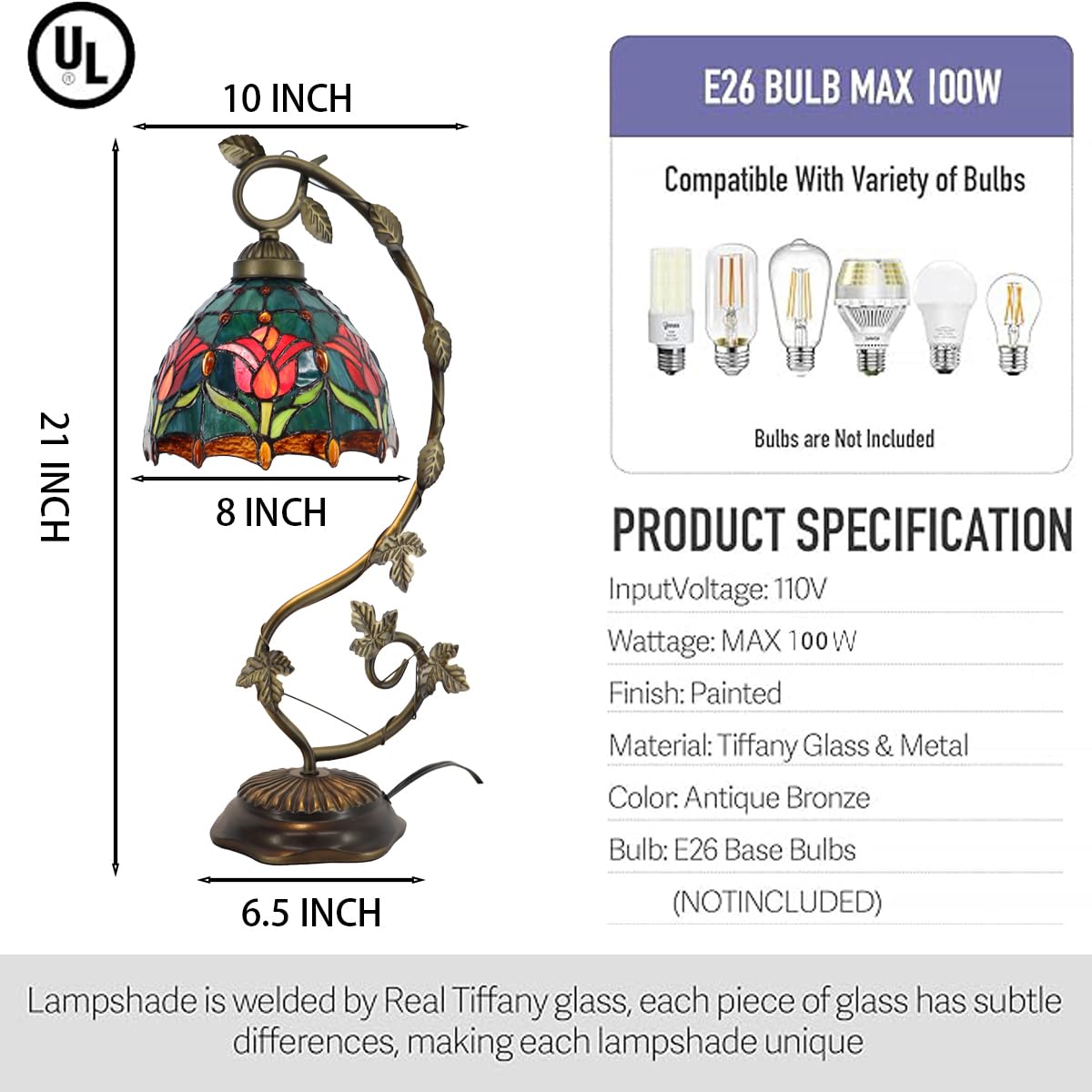 LXHCYOU Tiffany Table Lamp, Stained Glass Desk Light, 8X10X21 Inches, Metal Leaf Base (Tulip Style)