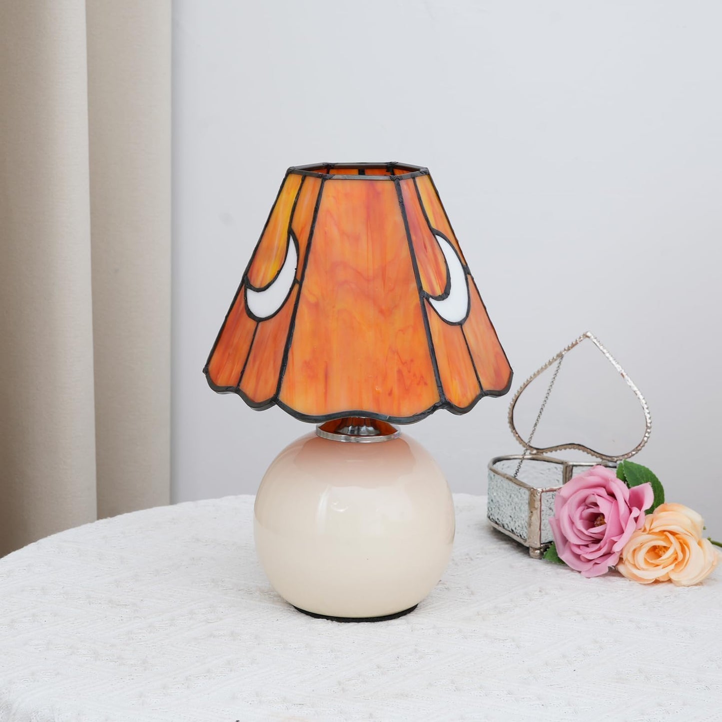 KIPHEPI Tiffany Style Moon Mushroom Stained Glass Table Lamp Orange Small Table Lamp Bedroom Bedside lamp Living Room Dining Room Office Decoration Desk lamp Home Decoration Creative Gift