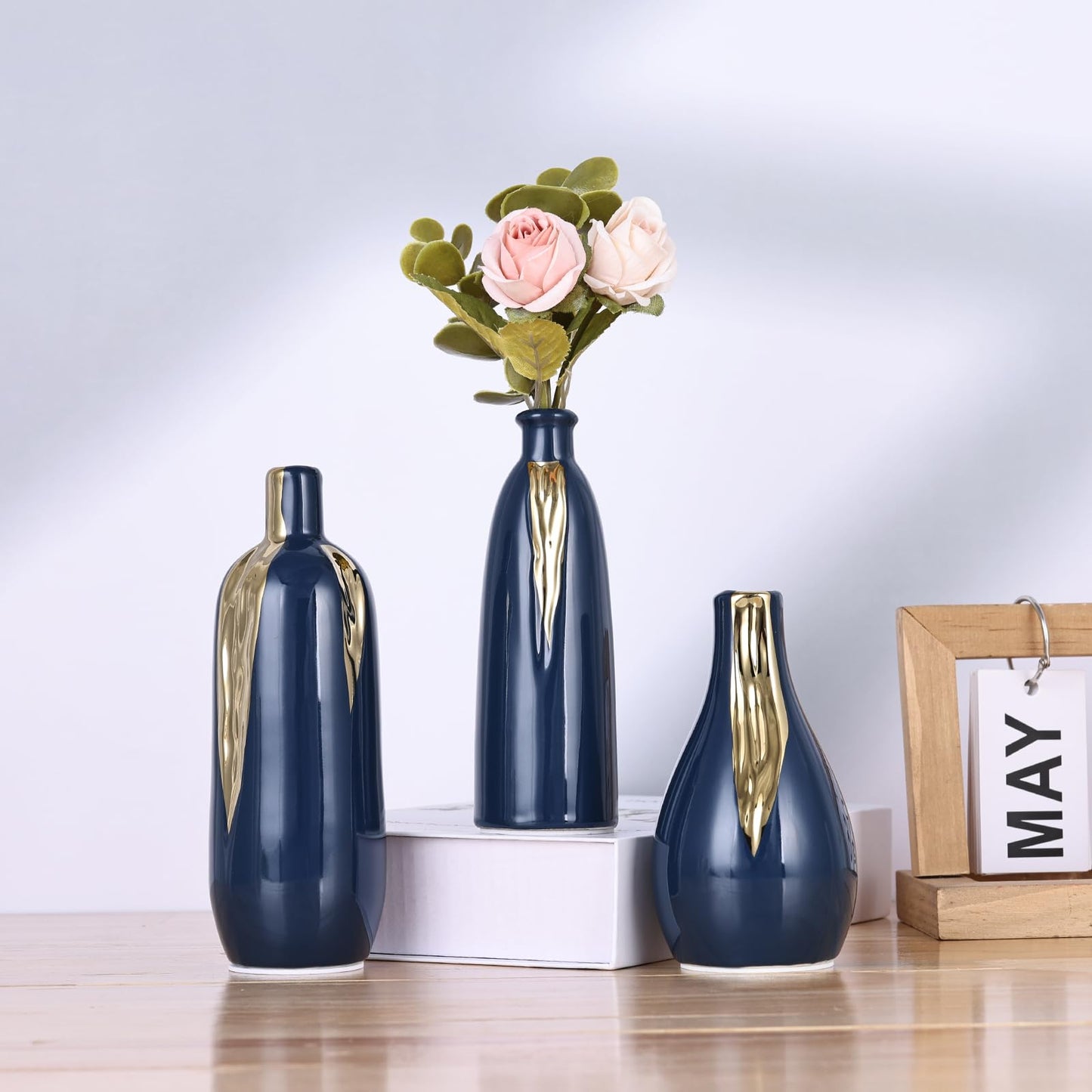 Blue and Gold Mini Ceramic Vase Set of 3, Small Ceramic Vase Set for Decorative, Bud Vases for Centerpieces Nightstand Kitchen, Boho Farmhouse Home Coffee Table Tray Decor