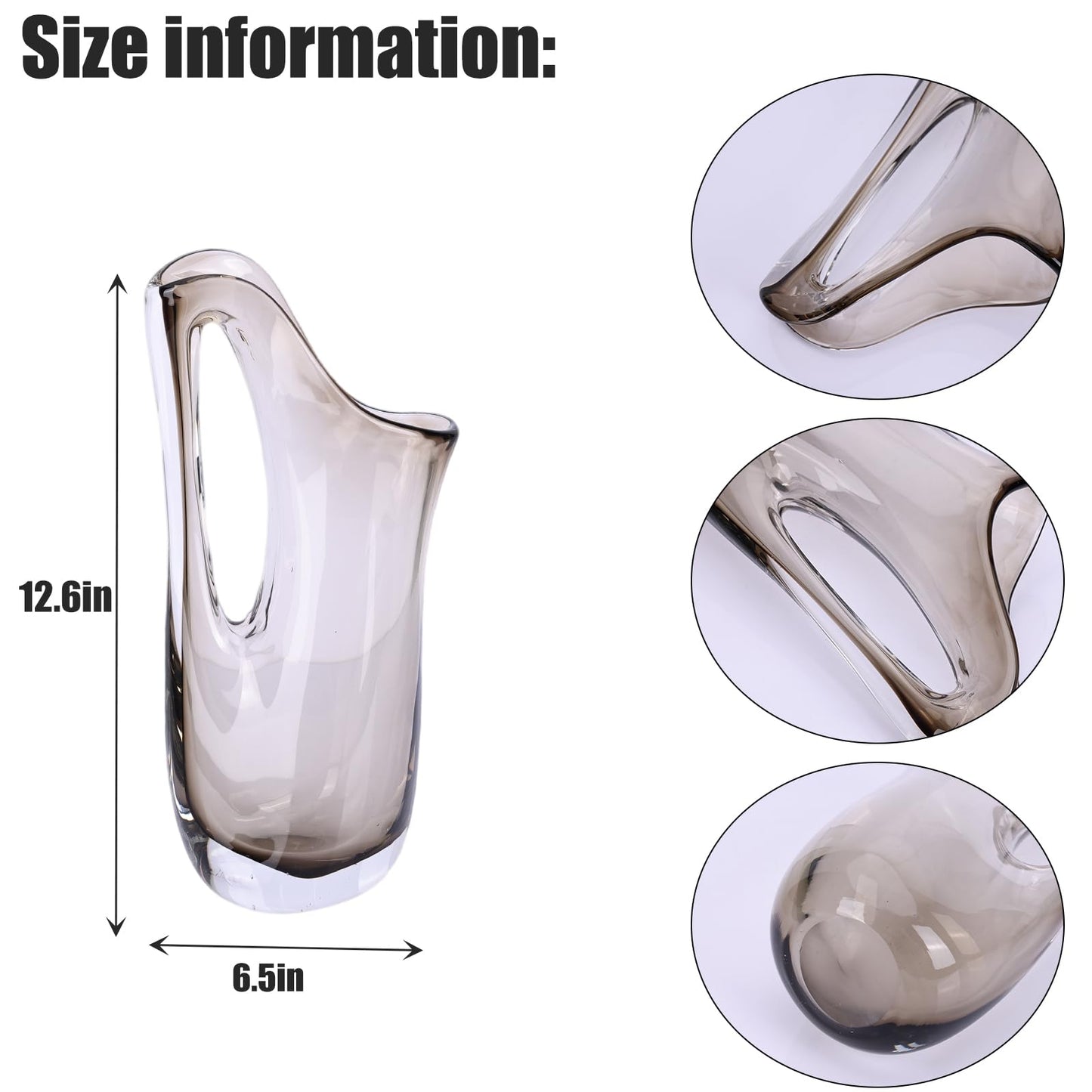 XYQXYQ Brown Glass Vase for Flowers - 12.6" Hand Blown Wide Mouth Handled Pitcher Vase, Rustic Home Decor for Living Room Table & Office