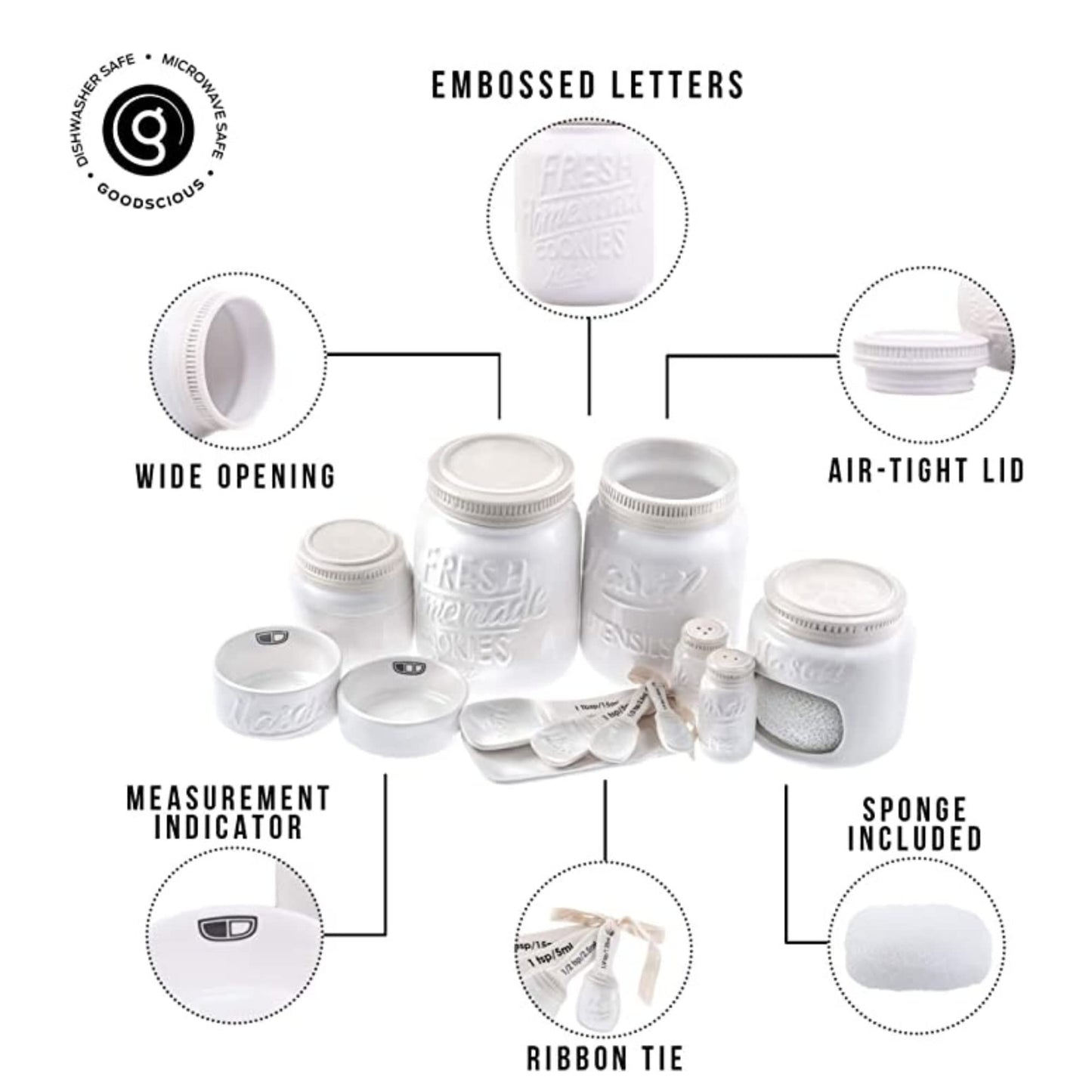 Farmhouse Canisters Sets for the Kitchen - Mason Jar Ceramic Kitchen Utensil Holder, Spoon Rest, Cute Cookie Jar, Salt & Pepper Shaker Sets, Sponge Holder, Measuring Cups & Spoons (White,17-Pc Bundle)