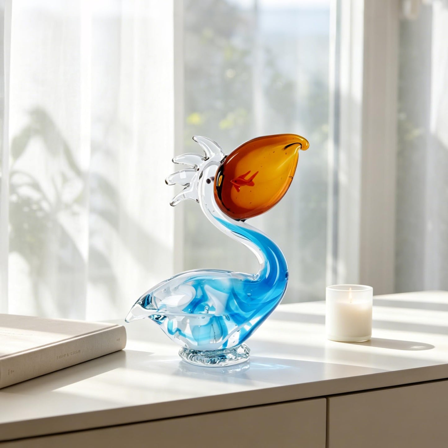 LINYTHER Pelican Figurine, Hand Blown Glass Pelican Figurine Coastal Bird Animal Statue Sculpture for Beach Nautical Home Decor, Art Glass Pelican Ornament for Shelf Tabletop, Gifts for Women