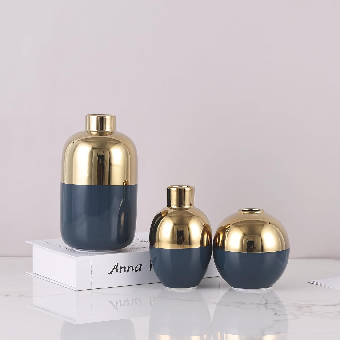 Blue & Gold Ceramic Vase Set of 3, Modern Round Circle Electroplated Two-Tone Decorative Vases for Pampas Grass, Dining Table Wedding Centerpiece, Living Room Bedroom Office Bookshelf