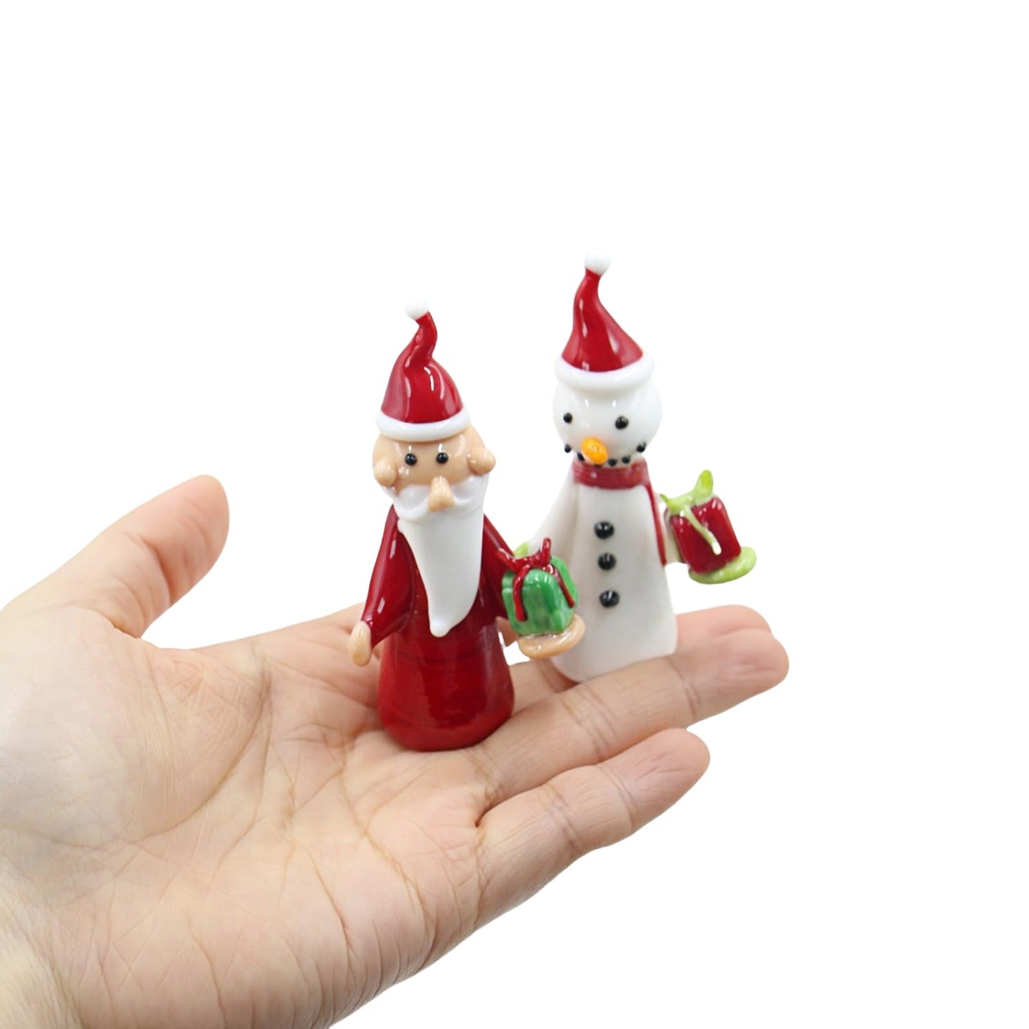 CHIGAGGLE 3¼'' Santa and Snowman Glass Figurines, 2pcs Handmade Glass Miniature Figurines, Set of Creative Christmas Small Hand Blown Glass Collectibles and Gifts - 2Ca2s2