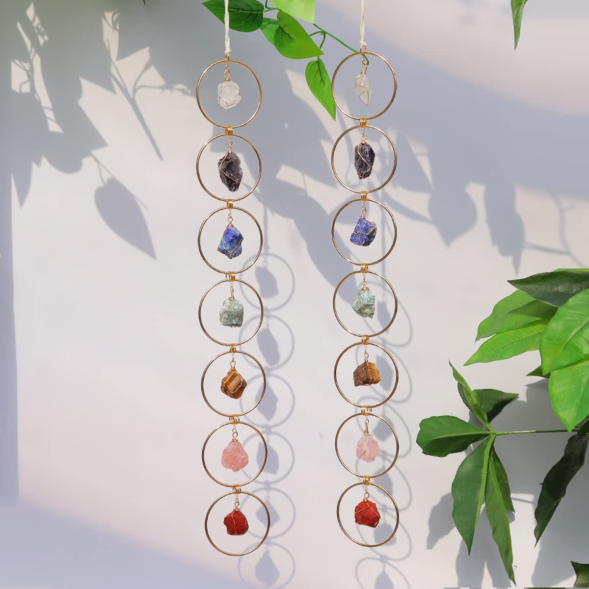 Pozbee 7 Chakra Crystal Hanging Ornament, Unique, Spiritual Boho Wall Decor, Raw Chakra Stones Amethyst Suncatcher, Rose Quartz Healing Crystal (Gold)