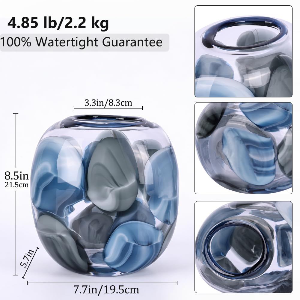 Hand Blown Blue Glass Vase, 8.5 in Round Wide Mouth Blue Gray Vase, Decorative Glass Vase for Flowers, Coastal Home Decor Centerpiece for Table, Shelf, Entryway, in The Bathroom, or Living Room