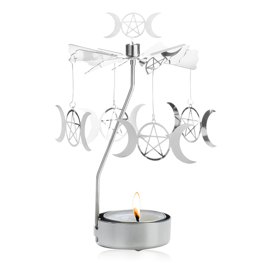 Spinning Tea Light Candle Holder, Silver Triple Moon Carousel Tealight Display, Metal Rotating Witch Decor for Altar Tables, Valentine's Day, Party Decor, Gifts