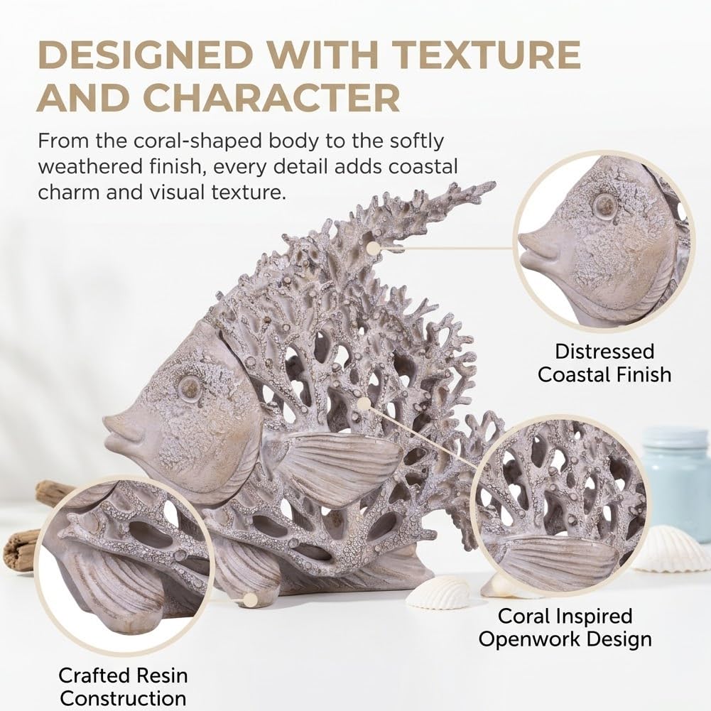 UANYEMON 7.28'' Ocean Coral Fish Sculpture - Resin Coastal Fish Figurine with Coral Backdrop, Ocean Blue & Sandy Beige Finish - Nautical Tabletop Accent for Living Room, Beach House & Bathroom Decor