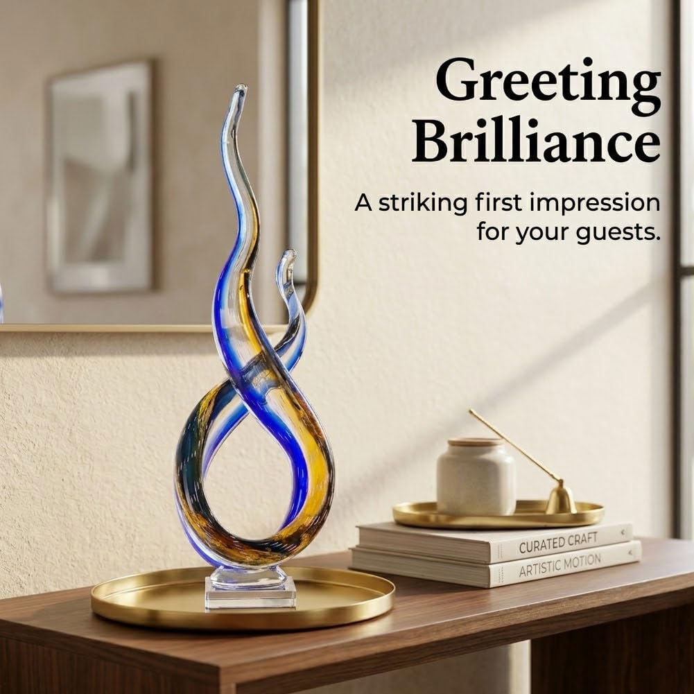 QIANLING 18.1 Inch Glass Wave Sculpture, Hand Blown Abstract Glass Figurine, Tall Decorative Glass Sculpture for Living Room Shelf, Mantel, Bedroom, Tabletop, Office and Home Decor Accent