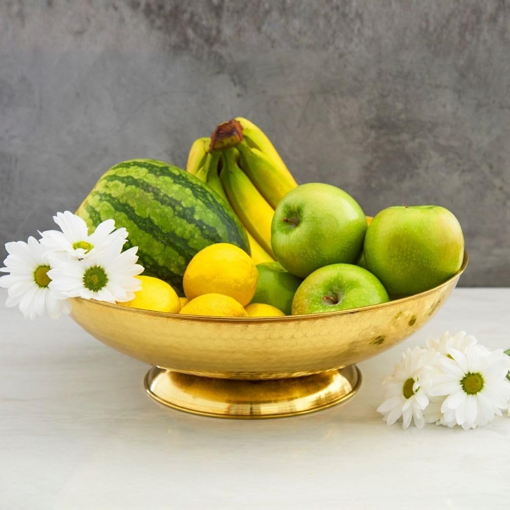 Cook Eat Serve Craft Fruit Bowl with Pesdestal for Kitchen Counter, Decorative Bowl, Copper, Brass (Brass Large)