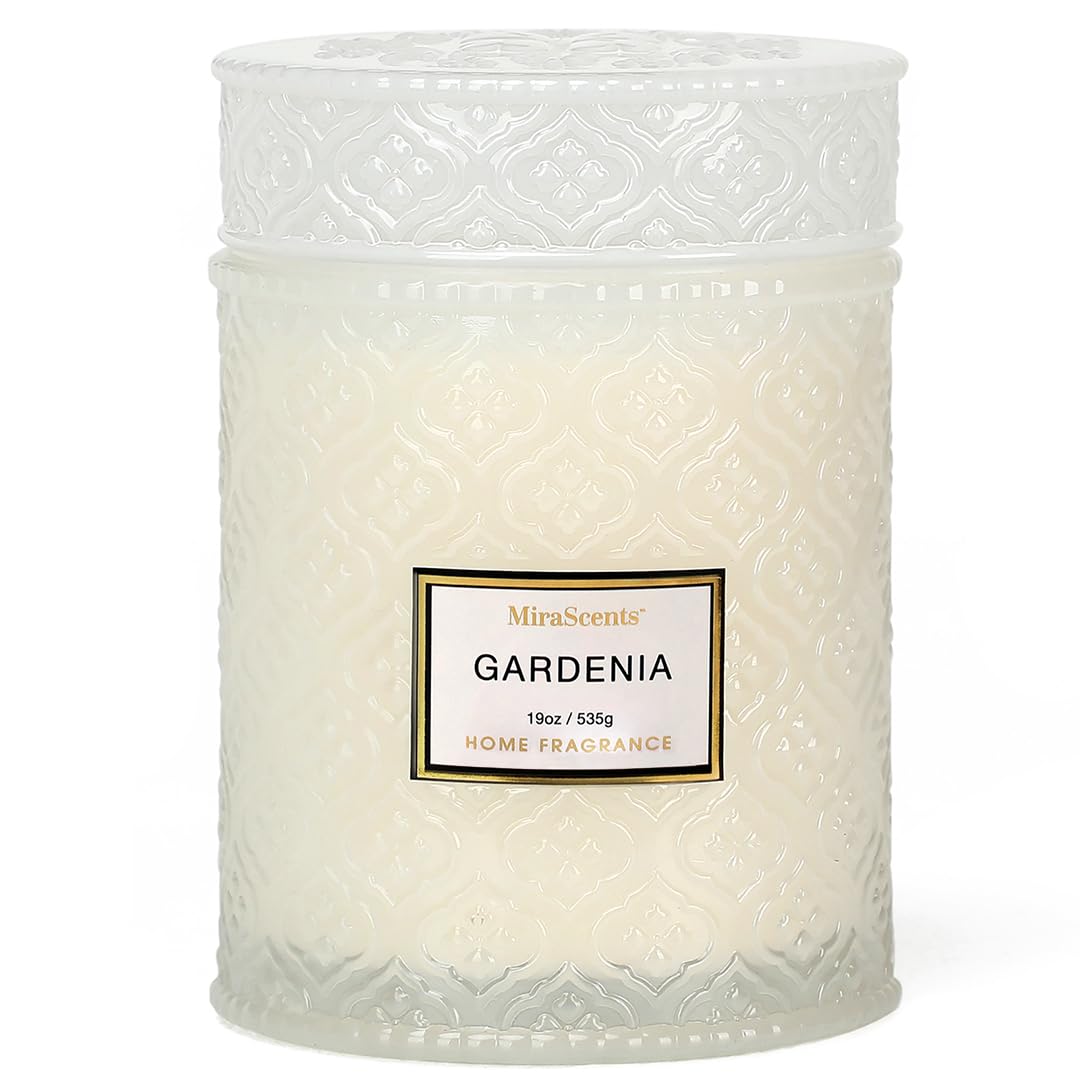 Gardenia Candle - White Floral Fragrance | 19 oz Large Soy Wax Candle in Embossed Glass Jar | Long Lasting Decorative Candle for Home Decor Gift for Women