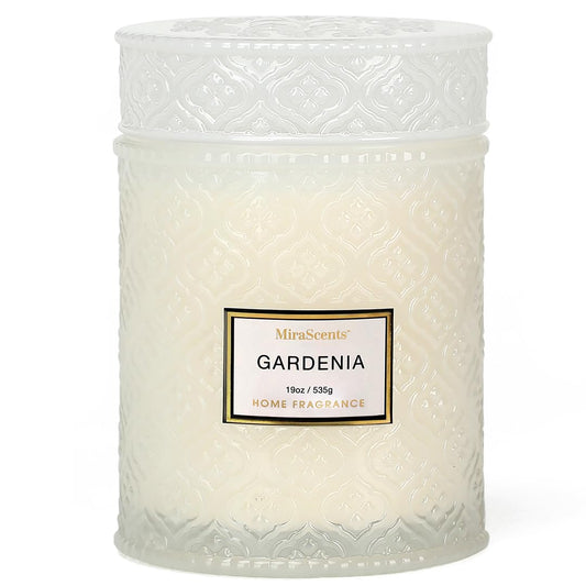 Gardenia Candle - White Floral Fragrance | 19 oz Large Soy Wax Candle in Embossed Glass Jar | Long Lasting Decorative Candle for Home Decor Gift for Women