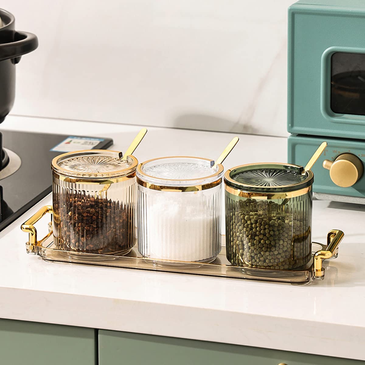 Acrylic Condiment Spice Jars and Box with Lids, Spoons, Tray - 3 Pack, Clear Plastic Canisters, Seasoning Box Set for Salt, Paprika, Sugar - Kitchen Storage