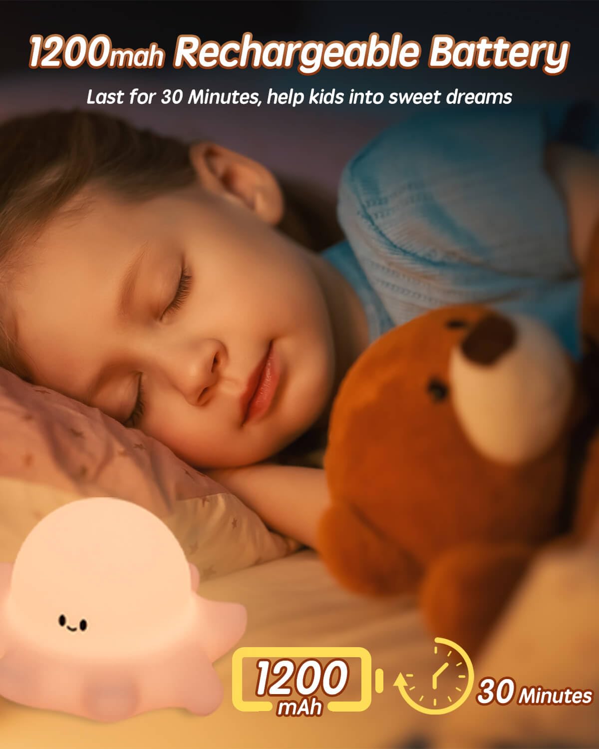 Lustrinex Cute Octopus Rechargeable Silicone Night Light for Kids, Dimmable Touch Control Nightlight with Timer, Portable USB Baby Night Lamp for Nursery, Bedroom