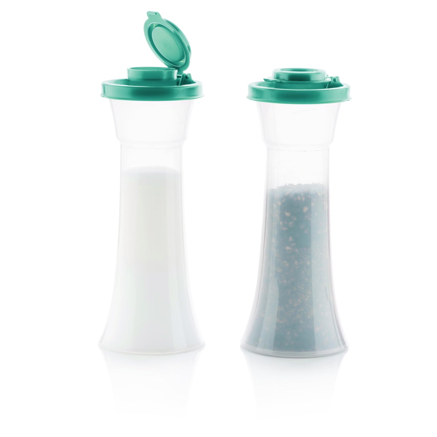 Tupperware Hourglass Salt and Pepper 2-Shaker Set in Teal, Liquid Tight Lids, BPA-Free, Dishwasher Safe