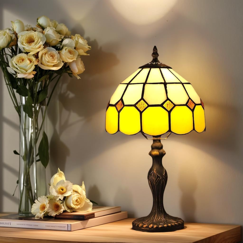 YINIETZSCHE Tiffany Style Table Lamp 8 Inch, Handmade Stained Glass Vintage Bedside Lamp, Art Glass Desk Light for Bedroom Office Living Room
