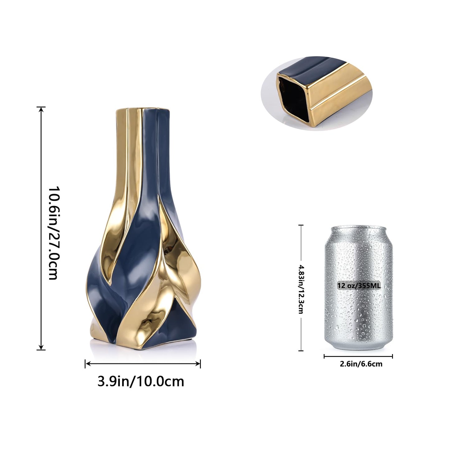 10.6" Blue and Gold Ceramic Vase, Modern Geometric Flower Vase for Dining Table Centerpiece, Elegant Decorative Vase for Pampas Grass, Living Room, Bedroom, Office, Tabletop Decoration