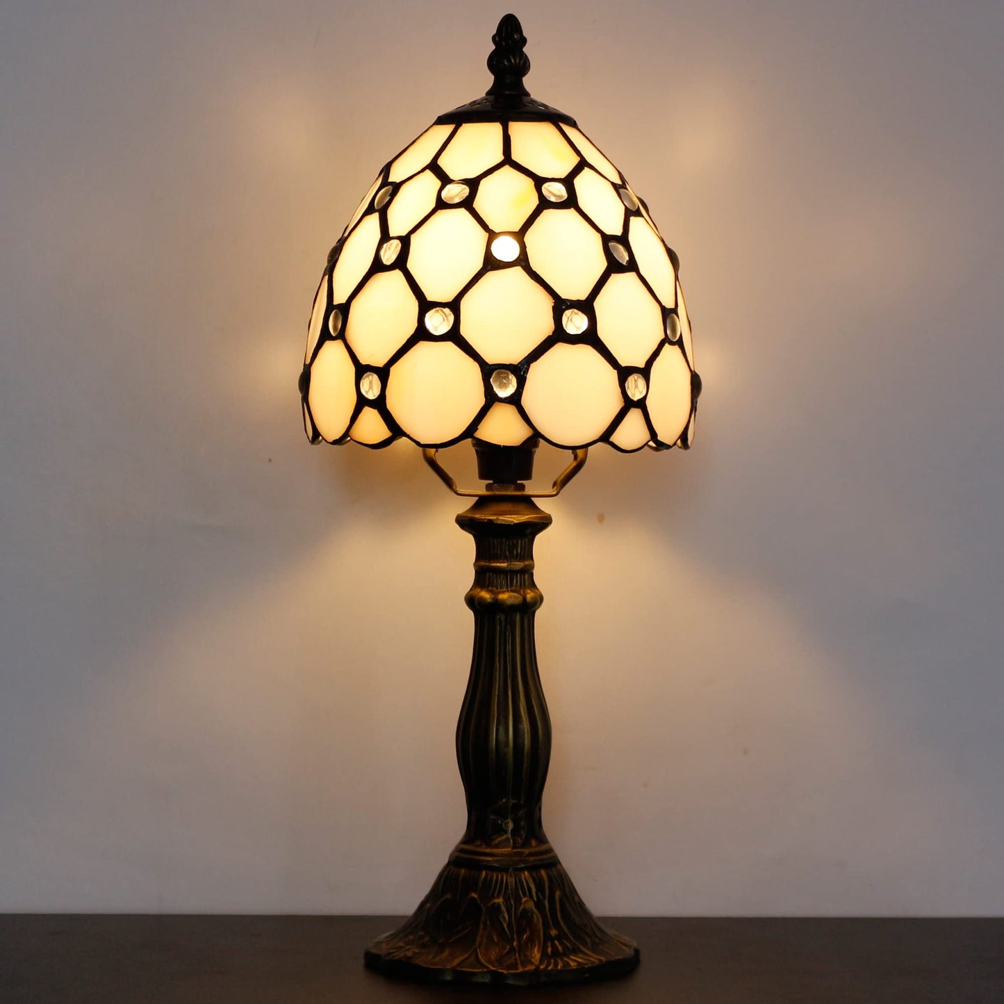 SYETL Small Tiffany Lamp Stained Glass Mini Accent Table Lamp Desk Memory Lamp Sympathy 6X14.6 Inch (Cream Pearl Bead Style)