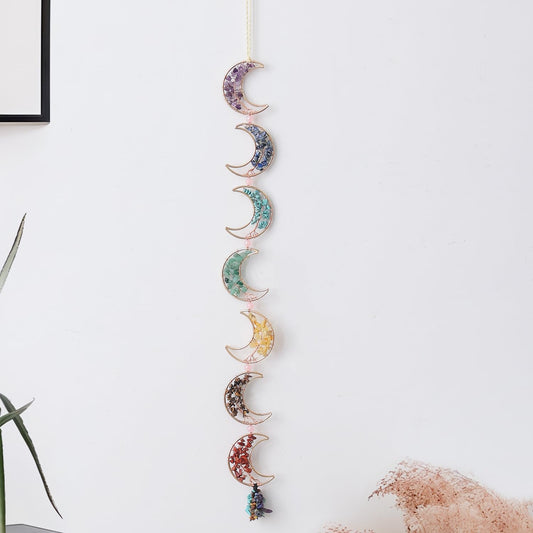 7 Chakra Healing Crystals Hanging Ornament，Handmade Tree of Life Chakra Stones Moon Natrual Gemstones Wall Hanging Ornaments for Home Decor Yoga Meditation(7 Moon Crystal Tree)