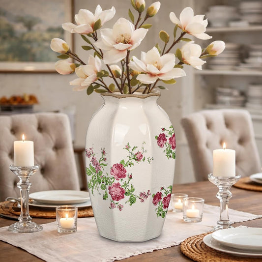White Ceramic Vase, 9.2 Inch Vintage Flower Decor and Handcrafted Floral Centerpieces, Elegant Handmade Pottery Accent for Dining Table Living Room Wedding Housewarming Gift Decor