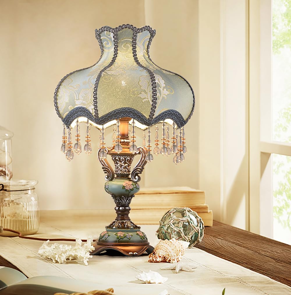 Aeyee Lovely Table Lamp with Fabric Lampshade, Antique Flower Decorative Bedside Desk Lamp, Crystal Night Light for Bedroom Nightstand, Blue Finish