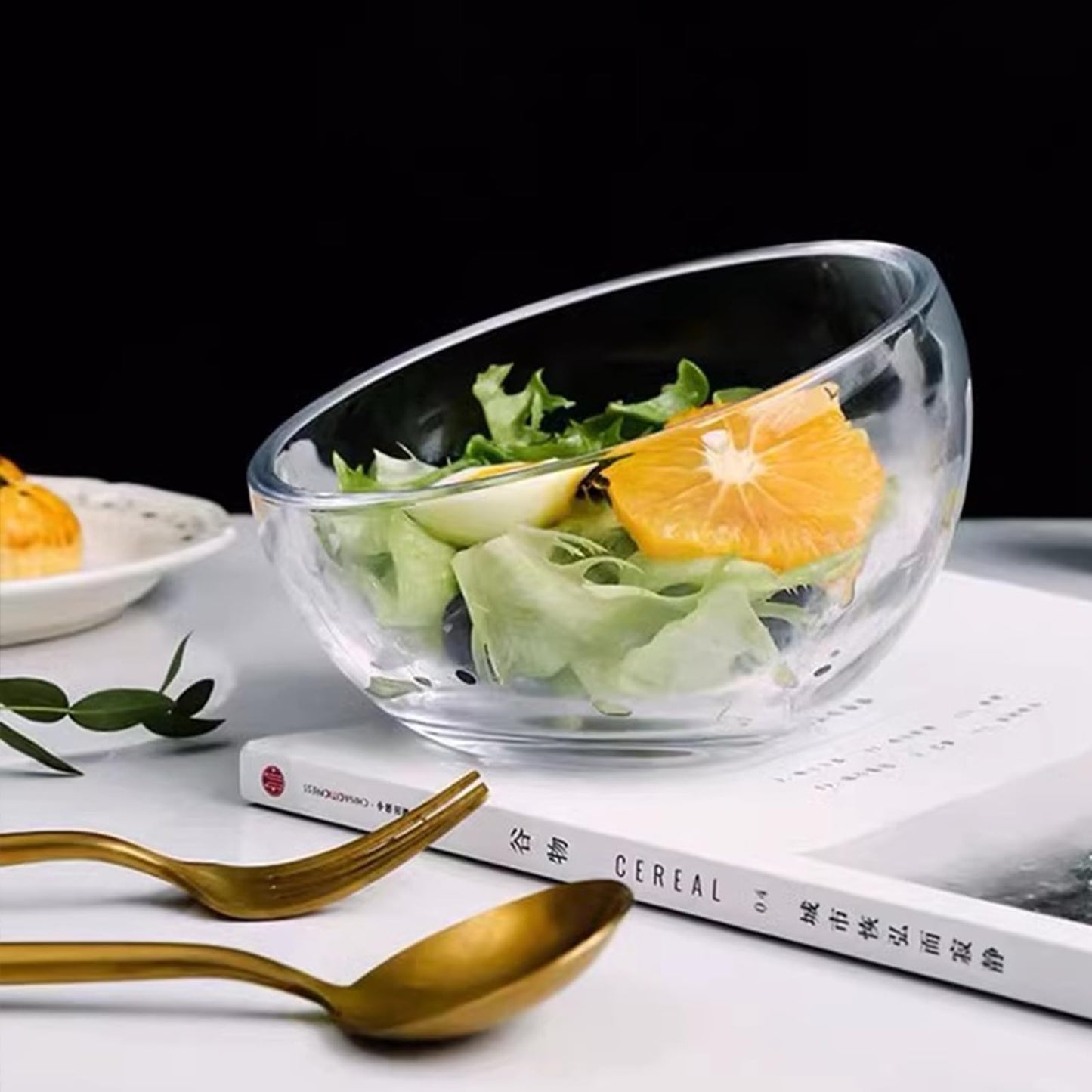 HNJZX Glass Prep Bowls,Clear Glass Slant Cut Tilted Angled Bubble Ball Decorative Serving Salad Bowl for Kitchen Microwave (800ML+450ML)