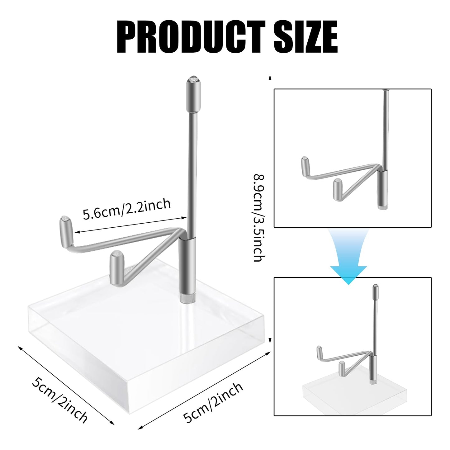 LECEHIVO 20 Pcs Adjustable Metal Arm Display Stand with Acrylic Base Silver Easel Rock Decorative Plate Holder for Picture Book Mineral Geodes Agate Coral Collection