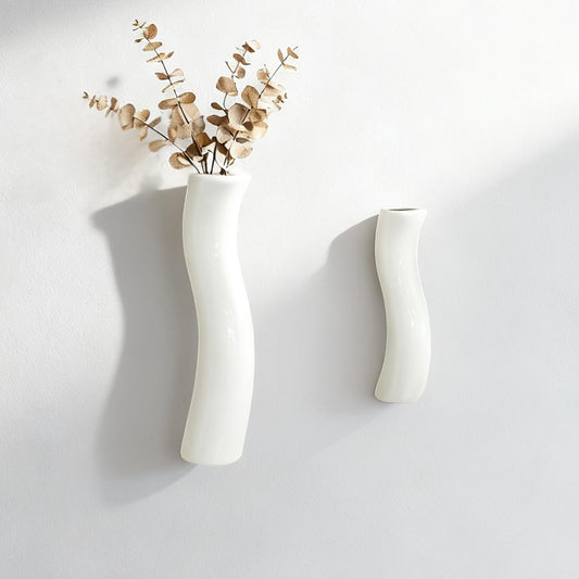 DOCFLVAS Scandinavian Curve Wall Vase — 2 Pack Warm White Ceramic Hanging Vase | Soft-Curve Minimalist Wall Decor for Living Room & Bathroom