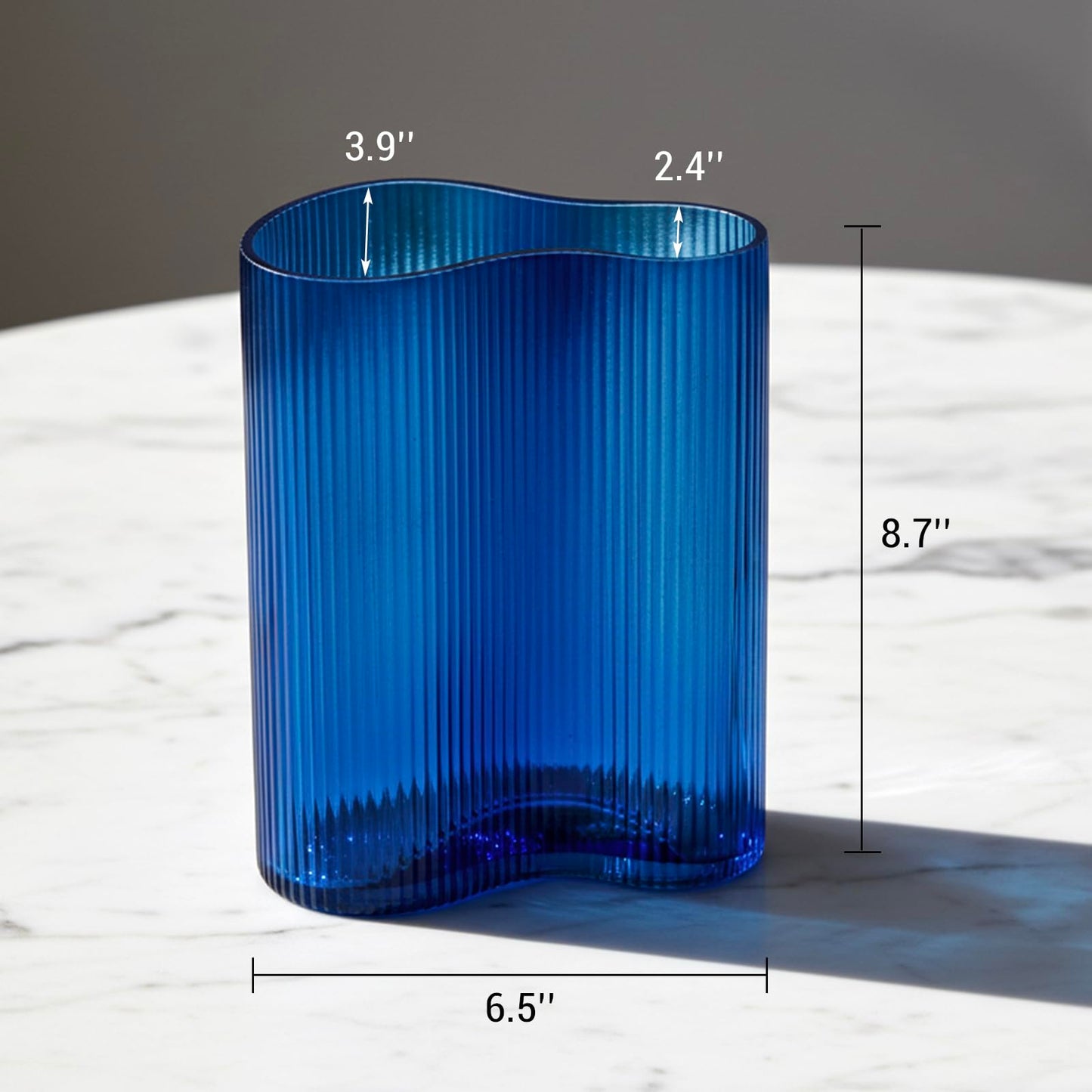 MyGift Blue Glass Flower Vase, Modern Fluted Ocean Blue, Artistic Organic Wavy Design for Floral Arrangements, Tabletop, Shelf & Centerpiece Home Décor