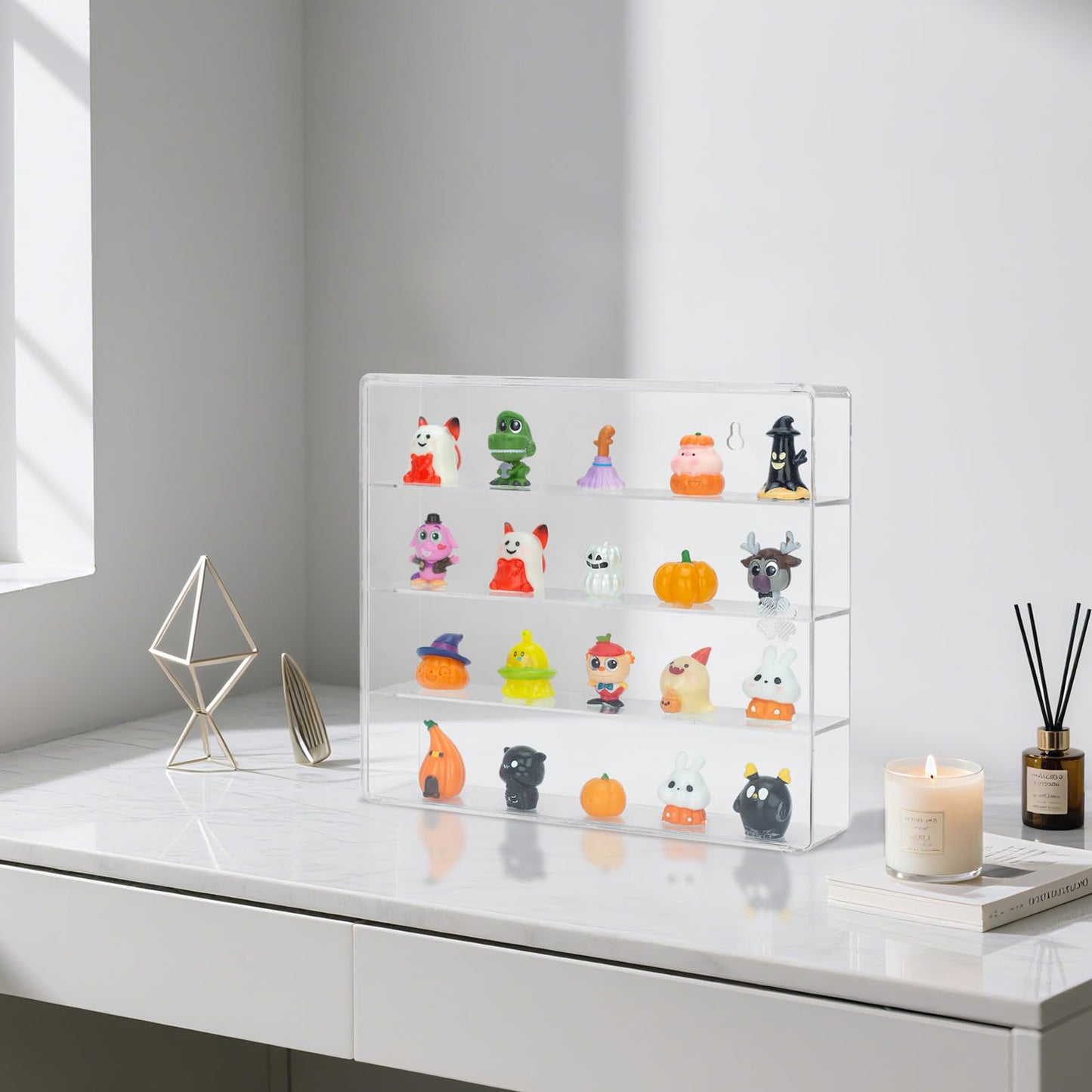 JOYMOMO Clear Display Case 4 Compartments Storage Box Cabinet Organizer for Mini Toys, Collections and Stone