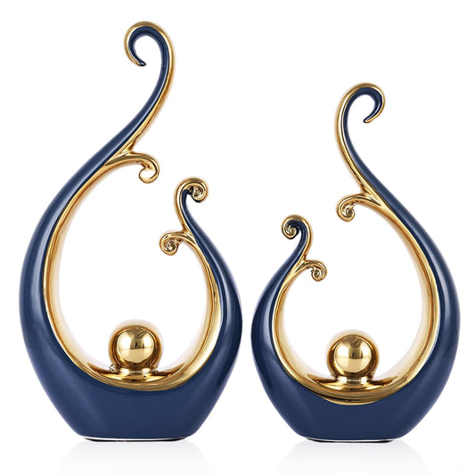 DOVDOV Blue and Gold Home Decor, Abstract Ceramic 2-Piece Sculpture Set, Modern mid-Century Art Statues, Perfect for Accent Tables, countertops, Coffee Tables, and entryway Decor.