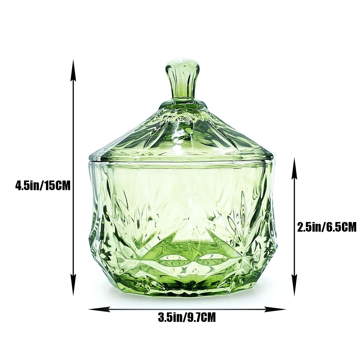 EWEIGEER 8oz Glass Candy Dish with Lid,Small Crystal Chrismas Candy Jar,Cotton Round Holder,Office,Bathroom,Dining Room Organizer(Olive Green)