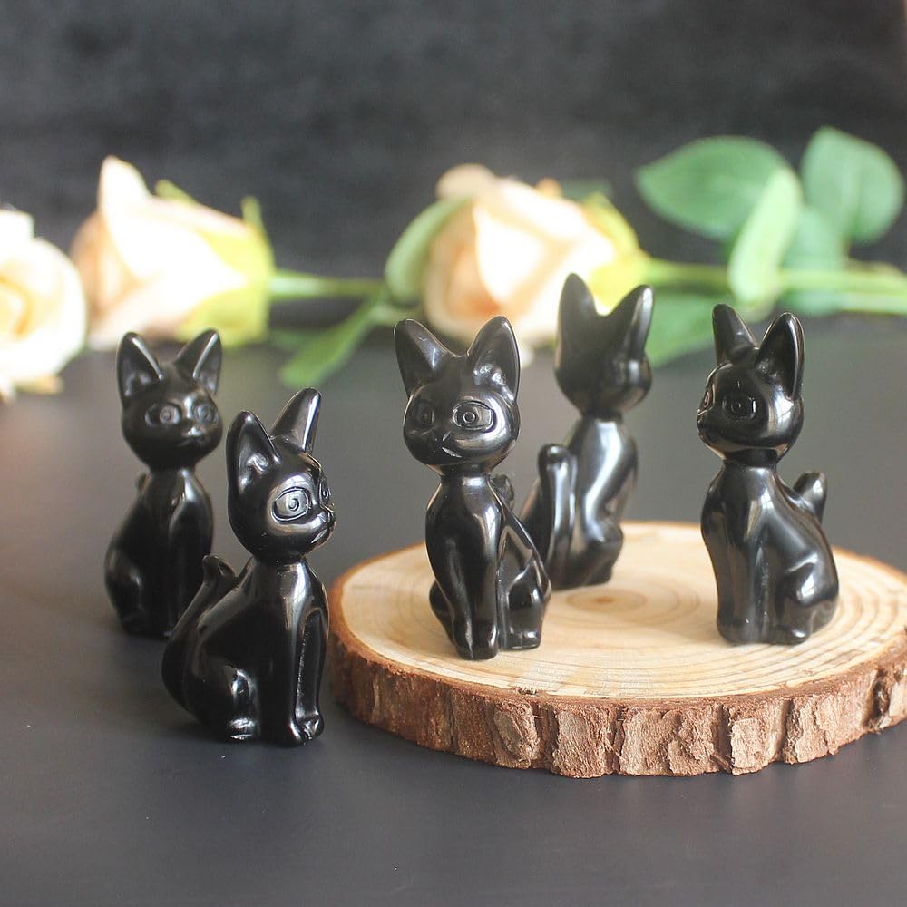 HLbshi Hand Carved Gemstone Crystal Abyssinian Egyptian cat Figurine Animal Statue Carving Office Room Home Decor 2'' (Black Obsidian)