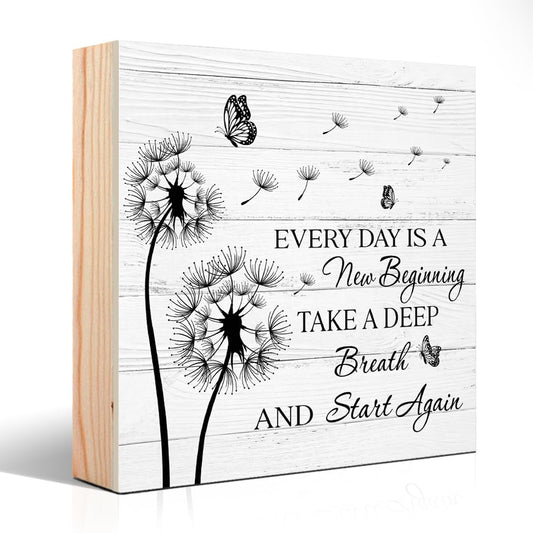 PUVOXHO Every Day Is A New Beginning Take A Deep Breath And Start Again Wooden Sign Desk Decor for Home Office Farmhouse Bedroom, Yoga Spa Room Decor, Inspirational Gifts for Women Friend Coworker BFF
