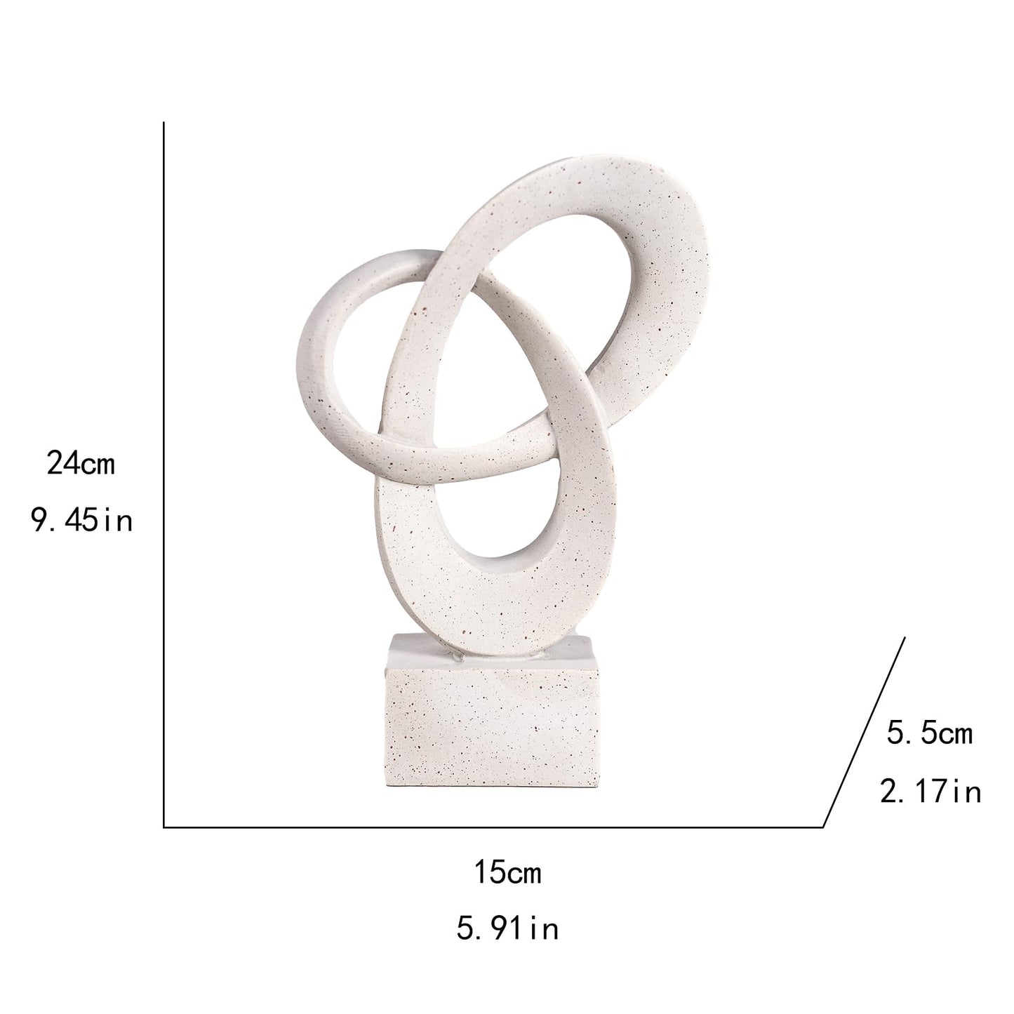 WeiRanHuiWu Abstract Interlocking Rings Sculpture, White Speckled Resin, 9.45in Tall, Modern Decor on Square Base