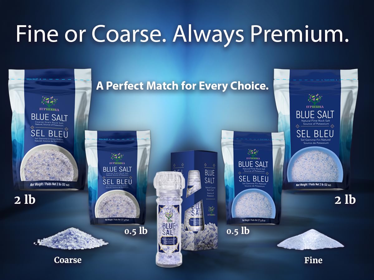 EUPHERBIA Blue Salt, Coarse, Rare Mineral Salt, High Potassium, Lower Sodium, Natural, Unprocessed, Hand Harvested, Kosher Certified (227g Coarse Refill)